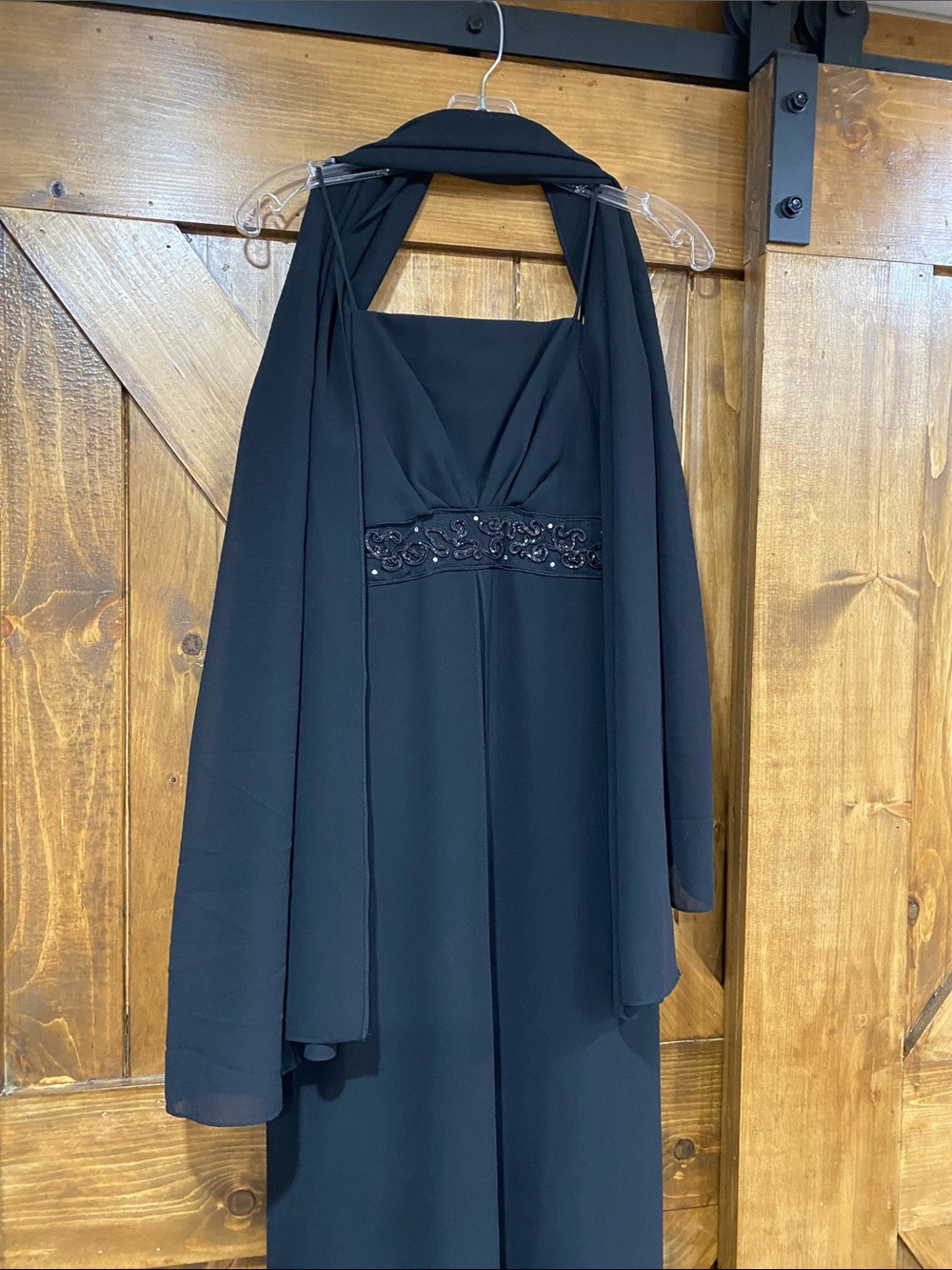 Juliet fashion Milex, black sheer gown with two sheer sashes. Size large.